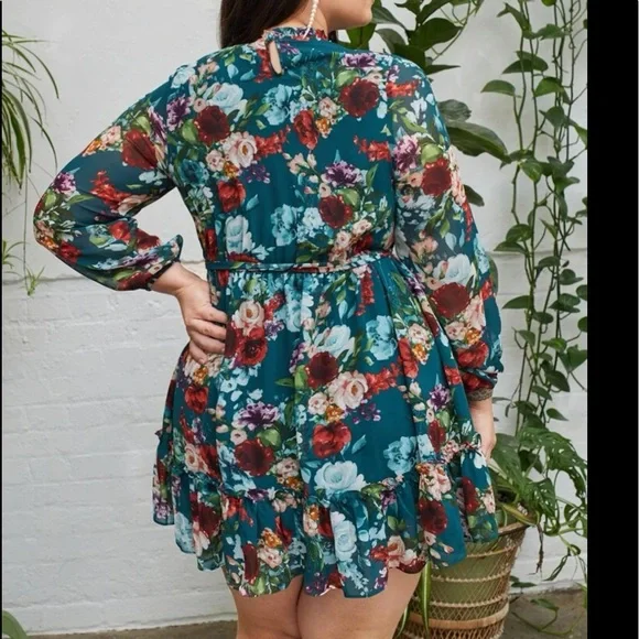 Boho Plus Size Floral Print Long Sleeves Belted Dress - Picture 3 of 7